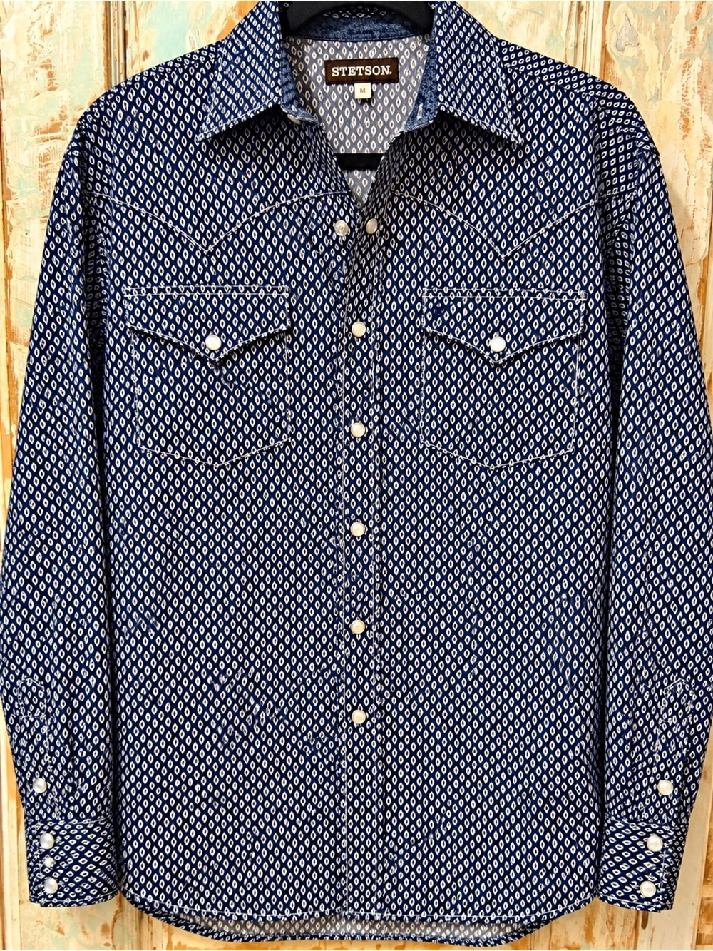 Stetson Men’s Western Pearl Snap Shirt Navy Geometric Print Size M Like New